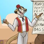 anthro black_nose brown_body brown_eyes brown_fur clothed clothing english_text fez fingerless_(marking) foxenawolf fundi fur hat headgear headwear herpestid male mammal meerkat open_mouth solo tail teeth text