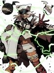  1girl absurdres animal_ear_headwear bandaged_arm bandaged_leg bandages belt_buckle buckle cape chest_belt closed_mouth collared_cape dark-skinned_female dark_skin feet_out_of_frame floating_hair green_lightning grin guilty_gear guilty_gear_xrd hair_between_eyes hand_up hat highres isaacchief300 legs_apart lightning long_hair looking_at_viewer lucifero_(guilty_gear) midriff_peek military_hat navel open_hand paint_splatter peaked_cap ramlethal_valentine red_bandage short_shorts shorts simple_background smile solo sparkle straight-on thigh_strap white_background white_cape white_hair white_headwear white_shorts yellow_eyes 