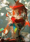  1boy bird blurry colored_skin depth_of_field fins fish_boy gem grin head_tail headdress highres jewelry monster_boy necklace orange_eyes red_skin redum4 sidon smile solo the_legend_of_zelda the_legend_of_zelda:_breath_of_the_wild the_legend_of_zelda:_tears_of_the_kingdom 