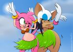 absurd_res amy_rose anthro bat big_breasts bikini bikini_top breasts clothing dancing duo eulipotyphlan female front_view grass_skirt grin hedgehog hi_res hyperflannel mammal one_eye_closed rear_view rouge_the_bat sega sky_background smile sonic_the_hedgehog_(series) swimwear wide_hips wink