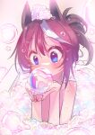  1girl absurdres bath bathing bathtub blue_eyes blush breasts brown_hair bubble commentary_request covered_mouth feng_feng_(yopokaede) hair_between_eyes hands_up highres medium_breasts multicolored_hair nude partially_submerged soap_bubbles solo streaked_hair tokai_teio_(umamusume) umamusume upper_body white_hair 