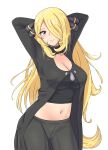  1girl absurdres arms_up black_coat black_pants black_shirt blonde_hair breasts closed_mouth coat cowboy_shot crop_top cynthia_(pokemon) grey_eyes hair_ornament hair_over_one_eye highres large_breasts long_hair looking_at_viewer maho_(corotonton5150) midriff navel pants pokemon pokemon_dppt shirt simple_background smile solo stomach very_long_hair white_background 
