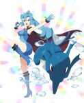  1girl absurdres black_cape blue_bodysuit blue_eyes blue_footwear blue_gloves blue_hair bodysuit boots breasts bubble cape clair_(pokemon) commentary english_commentary fins fish full_body gloves high_heel_boots high_heels high_ponytail highres holding holding_poke_ball kingdra large_breasts long_hair open_mouth pink_lips poke_ball pokemon pokemon_(creature) pokemon_hgss r3dfive red_cape red_eyes seahorse skin_tight standing standing_on_one_leg teeth two-sided_cape two-sided_fabric two-tone_cape upper_teeth_only water white_background 