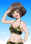  1girl akiyama_yukari bikini blue_sky breasts brown_eyes brown_hair camouflage camouflage_bikini day girls_und_panzer green_bikini groin halterneck hand_on_own_hip kaz_(kazhi) looking_at_viewer medium_breasts messy_hair navel open_mouth outdoors salute short_hair sky smile solo standing swimsuit 