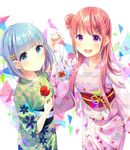  :d aqua_hair bangs blue_eyes blue_hair brown_hair candy_apple eyebrows_visible_through_hair fish food goldfish hair_ornament hairclip highres japanese_clothes kimono kotori_(gokigen_iori) long_hair multiple_girls open_mouth original purple_eyes red_hair short_hair smile yukata 