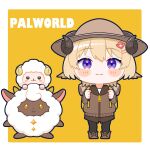  1girl absurdres blonde_hair blush_stickers border brown_footwear brown_headwear brown_jacket brown_pants chibi copyright_name crossover hair_ornament hairclip hat highres hiruno_isu hololive horns jacket lamball looking_at_viewer pal_(creature) palworld pants purple_eyes sheep sheep_girl sheep_horns shoes short_hair simple_background tsunomaki_watame white_border yellow_background 