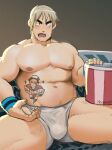  1boy absurdres alternate_facial_hair alternate_pectoral_size bara belly blonde_hair blush briefs bucket bulge character_tattoo english_text erection erection_under_clothes highres implied_yaoi large_pectorals looking_at_viewer male_focus male_underwear muscular muscular_male navel nipples o2h_(oblivionh) pectorals plump scott_pilgrim_(series) scott_pilgrim_takes_off short_hair solo sparse_stubble stomach tearing_up thick_eyebrows thick_thighs thighs todd_ingram topless_male underwear wallace_wells 