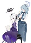  2girls ako_(blue_archive) ako_(dress)_(blue_archive) black_horns blue_archive blue_dress blue_hair blue_halo blush closed_eyes closed_mouth cuffs demon_horns demon_wings dress elbow_gloves gloves gomibako_(gomibako_price) grey_hair halo handcuffs highres hina_(blue_archive) hina_(dress)_(blue_archive) holding holding_paper horns long_hair multiple_girls multiple_horns official_alternate_costume official_alternate_hairstyle pantyhose paper purple_dress purple_eyes purple_gloves purple_pantyhose simple_background sleeveless sleeveless_dress smile strapless strapless_dress white_background wings 