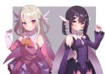  2girls arm_up ascot bare_shoulders black_hair black_skirt blush border breasts bright_pupils cape closed_mouth collared_shirt commentary_request detached_sleeves fate/kaleid_liner_prisma_illya fate_(series) feather_hair_ornament feathers gloves grey_background grey_hair hair_ornament illyasviel_von_einzbern leotard long_hair looking_at_viewer magical_girl miyu_edelfelt multiple_girls orange_ascot outside_border pink_gloves pink_shirt pink_sleeves pon_tanuki_(ga7fsrge9jxblaw) prisma_illya purple_cape purple_leotard purple_skirt purple_sleeves red_eyes shirt short_twintails showgirl_skirt sidelocks skirt sleeveless sleeveless_shirt small_breasts smile twintails two_side_up white_border white_pupils x_hair_ornament yellow_eyes 