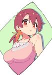 1girl bare_shoulders blush breasts bright_pupils camisole collarbone colored_inner_hair commentary hair_between_eyes highres large_breasts looking_at_viewer low_twintails multicolored_hair murosaki_miyo noyama_takenoko onii-chan_wa_oshimai! open_mouth orange_hair red_eyes red_hair simple_background solo twintails two-tone_hair upper_body 