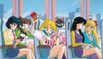  1990s_(style) 6+girls aino_minako arm_up bishoujo_senshi_sailor_moon black_eyes black_hair blonde_hair blue_eyes blue_skirt book brown_eyes brown_hair casual chibi_usa choker cone_hair_bun day double_bun earrings eating feet_out_of_frame food hair_bobbles hair_bun hair_ornament hand_on_another&#039;s_knee high_ponytail highres hino_rei holding holding_book holding_food indoors jewelry kino_makoto long_hair long_sleeves looking_at_another miniskirt mizuno_ami mouth_hold multiple_girls non-web_source official_art on_chair open_book pink_hair pleated_skirt profile reaching reading retro_artstyle short_hair sitting skirt smile striped_clothes striped_skirt stud_earrings teeth train_interior tsukino_usagi twintails upper_teeth_only 