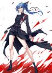 1girl bare_legs belt black_belt black_footwear black_shorts black_skirt blue_eyes blue_hair boots breasts fire floating_hair floral_print full_body gloves hair_ribbon half_gloves high_ponytail highres hololive hoshimachi_suisei hoshimachi_suisei_(shout_in_crisis) long_hair looking_at_viewer official_alternate_costume official_alternate_hairstyle parted_lips ribbon rose_print short_shorts shorts single_glove single_half_glove skirt small_breasts solo thighs turtleneck v-shaped_eyebrows yellow_takano 