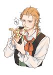  ! !! 1boy adam&#039;s_apple beard black_vest bow brown_eyes buttons cheekbones cheese_trail collared_shirt cropped_torso dress_shirt eating facial_hair fate/grand_order fate_(series) food food_in_mouth green_vest highres holding holding_food holding_pizza itokon300 male_focus mustache orange_bow pizza pizza_slice shirt short_hair solo vest white_background white_shirt william_shakespeare_(fate) 