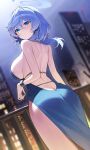  1girl absurdres ako_(blue_archive) ako_(dress)_(blue_archive) ass backless_dress backless_outfit black_hairband blue_archive blue_eyes blue_hair blue_halo blush breasts building closed_mouth cowboy_shot cuffs dress hair_between_eyes hairband halo handcuffs highres large_breasts long_hair official_alternate_costume sbgu sideboob sleeveless sleeveless_dress smile solo thighs 