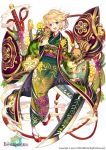  1girl :d acacia_(flower_knight_girl) animal blonde_hair boar chinese_zodiac city_forest_online copyright_name floral_print flower flower_knight_girl full_body green_kimono hair_flower hair_ornament happy japanese_clothes kimono looking_at_viewer obi official_art open_mouth print_kimono purple_eyes sandals sash short_hair simple_background smile smoke solo sword weapon white_background year_of_the_pig 