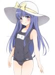  absurdres blue_one-piece_swimsuit blush covered_navel eyewear_on_head furude_rika hat hat_ribbon highres higurashi_no_naku_koro_ni long_hair name_tag old_school_swimsuit one-piece_swimsuit purple_eyes purple_hair ribbon school_swimsuit smile sweet_miuk_tea swimsuit thighs white_headwear 