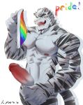  1boy :d abs absurdres animal_ears arknights bara cha_shao_bao_du completely_nude cowboy_shot facial_hair facial_mark flag furry furry_male girthy_penis goatee highres holding holding_flag huge_eyebrows large_hands large_pectorals large_penis lgbt_pride looking_at_viewer looking_to_the_side male_focus mini_flag mountain_(arknights) muscular muscular_male navel nipples nude pectorals penis pride_month rainbow_flag rainbow_flag_print scar scar_across_eye scar_on_arm short_hair smile solo stomach tiger_boy tiger_ears uncensored white_hair 