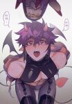  1boy ahegao arms_behind_back black_thighhighs blush demon_boy demon_horns demon_tail demon_wings ear_blush fangs from_above grey_background hair_between_eyes heart heart-shaped_pupils highres horns jiu_zhi_jun_(kipll_bobo) kneeling large_pectorals looking_up male_focus morvay_(nu_carnival) navel nu_carnival open_mouth pants pectorals pointy_ears purple_eyes purple_hair purple_pants saliva shiny_clothes shiny_skin short_hair skindentation speech_bubble symbol-shaped_pupils tail tearing_up thick_eyebrows thigh_gap thighhighs tight_clothes toned toned_male translation_request white_background wings 