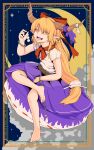  1girl art_nouveau bow chain cloud cuffs hair_bow highres horn_bow horn_ornament horn_ribbon horns ibuki_suika looking_to_the_side moon night night_sky oni open_mouth orange_hair pointy_ears red_bow ribbon shackles sky soretsu_nitohei touhou 