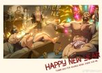  1girl 5boys ^^^ abs averting_eyes bag bara beard blush bulge calf celebration dual_wielding english_text facial_hair fallen_sanctuary_(fallenlion) falling feet full_beard full_body happy_new_year heart heart_print highres holding holding_water_gun large_pectorals laughing male_focus male_underwear mature_male multiple_boys muscular muscular_male navel nipples o2h_(oblivionh) party pectoral_cleavage pectorals perspective plastic_bag print_male_underwear second-party_source short_hair shy soles stomach tank_top thick_beard thick_eyebrows thick_mustache thick_thighs thighs topless_male underwear water_gun white_male_underwear white_tank_top 