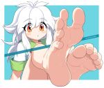  1girl :o absurdres aqua_background artist_name barefoot blush border feet foot_focus highres long_hair open_mouth orange_eyes original oyatsu_(mk2) shirt short_sleeves simple_background soles solo spread_toes thick_eyebrows toenails toes white_border white_hair white_shirt 