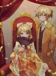  1boy 1girl aku_no_meshitsukai_(vocaloid) aku_no_musume_(vocaloid) allen_avadonia arms_behind_back ascot blonde_hair blue_eyes bow bracelet brother_and_sister collared_jacket collared_shirt covering_own_mouth dress dress_bow dress_ribbon evillious_nendaiki expressionless falling_petals frilled_dress frilled_sleeves frills hair_between_eyes hair_bow hair_ornament hair_ribbon hairclip hand_fan high_ponytail highres holding holding_fan jacket jewelry kagamine_len kagamine_rin long_sleeves looking_at_viewer off-shoulder_dress off_shoulder orange_bow orange_ribbon petals princess red_curtains ribbon riliane_lucifen_d&#039;autriche sazanami_(ripple1996) shirt short_ponytail siblings sideways_glance sitting standing swept_bangs throne twins updo vocaloid white_ascot white_shirt wide_sleeves yellow_bow yellow_dress yellow_jacket 