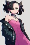  1girl black_collar black_hair black_jacket blue_eyes clocker collar dress earrings hair_over_eyes jacket jewelry leather_belt marnie_(pokemon) pink_dress pokemon pokemon_swsh rewin_(nobabys_perfect) simple_background solo 