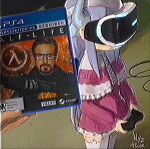  1girl capelet commentary controller dragon_girl dragon_horns frilled_capelet frills gordon_freeman half-life_(series) half-life_1 head-mounted_display hev_suit highres holding holding_controller horns kanna_kamui kobayashi-san_chi_no_maidragon meme nyztsune playstation_controller playstation_vr pov ryan_gosling spanish_commentary standing thighhighs vhs_artifacts virtual_reality white_hair white_thighhighs 