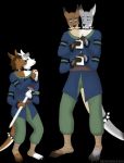  ankle_wraps anthro clothing coat collar conjoined macropod male mammal marsupial melee_weapon multi_arm multi_head multi_limb pants paper pencil_(disambiguation) simple_background standing sword tradt-production weapon 
