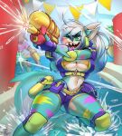 anthro big_breasts bikini blue_hair breasts cleavage clothed clothing drawpanther female fish frosty_(sharky) gradient_hair green_eyes hair hi_res marine multicolored_hair navel open_mouth shark sharp_teeth smile solo swimwear teeth toy toy_gun water_gun white_hair