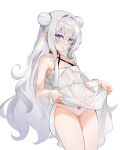  1girl absurdres artist_name azur_lane bags_under_eyes bare_legs bare_shoulders blush bow bow_panties breasts cameltoe chinese_commentary choker cleavage clothes_lift collarbone commentary_request criss-cross_halter cross-shaped_pupils crossed_bangs double_bun dress dress_lift grey_hair hair_between_eyes hair_bun halterneck highres le_malin_(azur_lane) le_malin_(sleepy_sunday)_(azur_lane) lifted_by_self looking_at_viewer official_alternate_costume panties parted_lips red_bow ribbon signature simple_background small_breasts solo symbol-shaped_pupils syngeloussier thighs underwear white_background white_dress white_panties white_ribbon wrist_ribbon 