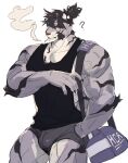  1boy ? absurdres bag bara bulge chest_tuft cowboy_shot duffel_bag high_ponytail highres huge_eyebrows large_pectorals looking_at_viewer male_focus mature_male micro_shorts muscular muscular_male original pectoral_cleavage pectorals shorts sideburns sidepec smoking solo thick_arm_hair thick_thighs thighs tiger_boy ttn_(239_239) veins veiny_arms 
