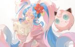  1girl absurdly_long_hair blue_eyes blue_hair colored_eyelashes commentary curly_hair fairy_miku_(project_voltage) flower hair_flower hair_ornament hatsune_miku highres holding holding_pillow jigglypuff lee0124 long_hair long_sleeves looking_at_viewer multicolored_eyes multicolored_hair open_mouth pillow pink_eyes pink_hair pink_shirt pokemon project_voltage red_flower shirt sidelocks simple_background smile twintails two-tone_hair upper_body very_long_hair vocaloid white_background yellow_flower 