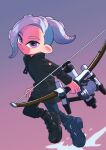  1boy black_footwear black_jacket bow_(weapon) closed_mouth commentary_request full_body gradient_background grey_eyes grey_hair high_tops highres holding holding_weapon jacket looking_at_viewer medium_hair nastar_r0 octoling octoling_boy pink_background purple_background shoes sneakers solo splatoon_(series) splatoon_3 tentacle_hair tri-stringer_(splatoon) two-tone_background weapon 