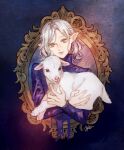  1boy androgynous animal blue_background border closed_mouth dungeon_meshi elf goat_(dungeon_meshi) grey_eyes grey_hair head_tilt holding holding_animal kabe_piko long_sleeves male_focus melting mithrun ornate_border outside_border pointy_ears purple_shirt shirt short_hair smile upper_body white_hair 