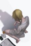  1boy artist_name barefoot blonde_hair bottle commentary_request folded_clothes highres kamiki_hikaru korean_commentary long_sleeves male_focus oshi_no_ko sex_toy sex_toy_pull shadow shirt short_hair simple_background sitting solo wariza white_background white_shirt yubto_45 