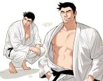  1boy ace_attorney bare_pectorals belt black_belt black_hair closed_eyes closed_mouth collarbone dick_gumshoe dougi facial_hair full_body goatee_stubble grin gwiga0 hand_on_own_hip highres long_sleeves looking_to_the_side male_focus martial_arts_belt medium_sideburns nipples pectorals sideburns_stubble smile solo squatting stubble translation_request white_background 