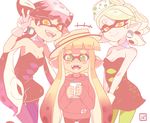  3girls aori_(splatoon) bandaid bandaid_on_nose bare_shoulders fangs food food_on_head gloves green_eyes hat hood hoodie hotaru_(splatoon) inkling looking_at_viewer mole mole_under_eye multiple_girls nintendo notepad object_on_head pointy_ears sally_(luna-arts) smile splatoon symbol-shaped_pupils tentacle_hair v white_gloves yellow_eyes 