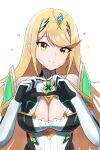  1girl absurdres bare_shoulders blonde_hair breasts cleavage cleavage_cutout closed_mouth clothing_cutout commentary dress elbow_gloves gloves hands_up headpiece heart heart_hands highres large_breasts long_hair looking_at_viewer mythra_(xenoblade) oruru63100814 simple_background smile solo star_(symbol) upper_body very_long_hair white_background white_dress white_gloves xenoblade_chronicles_(series) xenoblade_chronicles_2 yellow_eyes 
