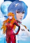  2girls ayanami_rei blue_eyes blue_hair bodysuit gloves highres interface_headset moon multiple_girls neon_genesis_evangelion orange_hair pilot_suit plugsuit red_bodysuit red_eyes red_gloves sengoku_gallery souryuu_asuka_langley white_bodysuit 