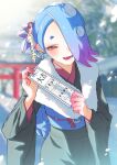  1girl absurdres alternate_costume blue_hair blurry blurry_background commentary_request eyelashes fang gradient_hair hair_over_one_eye hd_rock highres japanese_clothes korean_commentary looking_at_viewer medium_hair multicolored_hair open_mouth paper purple_hair red_eyes shiver_(splatoon) smile snowing solo splatoon_(series) splatoon_3 teeth tentacle_hair torii translation_request two-tone_hair 
