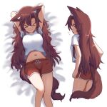  &gt;_&lt; 1girl animal_ears arms_up brown_hair commentary crop_top crop_top_overhang facing_viewer feet_out_of_frame imaizumi_kagerou long_hair midriff multiple_views navel red_eyes red_shorts shirt short_shorts shorts standing stomach tail touhou very_long_hair white_shirt wolf_ears wolf_tail wool_(miwol) 