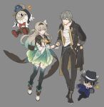  1boy 1girl aqua_skirt black_coat black_footwear black_gloves black_pants boots bow bowtie brown_jacket brown_shorts caelus_(honkai:_star_rail) clock clockie_(honkai:_star_rail) coat cropped_jacket detached_sleeves fangs fingerless_gloves firefly_(honkai:_star_rail) full_body gloves grey_hair hanu_(honkai:_star_rail) highres holding_hands honkai:_star_rail honkai_(series) jacket long_sleeves object_head pants papajay_(jennygin2) parted_lips red_bow red_bowtie shirt shorts skirt smile sunglasses trailblazer_(honkai:_star_rail) white_footwear white_shirt yellow_eyes 