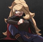  1girl black_background black_footwear blonde_hair boots cape clenched_hand cosplay cynthia_(pokemon) fangs gradient_background grey_eyes hair_over_one_eye lance_(pokemon) lance_(pokemon)_(cosplay) looking_at_viewer open_mouth pokemon pokemon_dppt pokemon_hgss random_minty sitting solo 