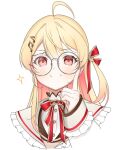  1girl adjusting_eyewear ahoge blonde_hair glasses hair_ornament hololive hololive_dev_is long_hair musical_note musical_note_hair_ornament otonose_kanade portrait red_eyes smile sparkle virtual_youtuber white_background zeroperpect 