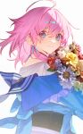  1girl ahoge blue_eyes blue_jacket bouquet closed_mouth flower frills from_side hair_between_eyes highres holding holding_bouquet honkai:_star_rail honkai_(series) jacket leaf long_sleeves looking_at_viewer march_7th_(honkai:_star_rail) multicolored_eyes orange_flower pink_eyes pink_flower pink_hair purple_flower red_flower red_rose rose shirt short_hair shotgunman simple_background smile solo standing tied_jacket white_background white_flower white_shirt yellow_flower 