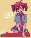  1990s_(style) 1girl ahoge alternate_costume arms_between_legs artist_name boots closed_mouth collared_shirt drill_hair grey_shirt grey_trim hair_between_eyes headphones headset kasane_teto looking_at_viewer musical_note necktie red_eyes red_footwear red_hair red_necktie red_skirt red_trim retro_artstyle shirt short_hair short_sleeves sitting skirt smile spoken_musical_note thigh_boots twin_drills utau yellow_background yuusuke-kun 