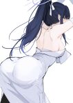  1girl absurdres arched_back arms_up ass bare_back bare_shoulders black_hair blue_archive blue_eyes blue_hair blue_halo blush breasts commentary covered_mouth cowboy_shot dress elbow_gloves from_behind gloves hair_ribbon half-closed_eyes halo high_ponytail highres large_breasts leaning_forward long_hair looking_at_viewer looking_back multicolored_hair official_alternate_costume ponytail reiami ribbon saori_(blue_archive) saori_(dress)_(blue_archive) sidelocks sideways_glance simple_background solo standing strapless strapless_dress streaked_hair two-tone_hair white_background white_dress white_gloves white_ribbon 