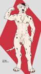 anthro balls canid canine canis dalmatian delta_dewitt digital_media_(artwork) domestic_dog fur genitals hair hi_res male mammal markings muscular nipples nude penis simple_background smile solo spots spotted_body white_body white_fur