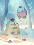  closed_eyes commentary_request day deerling drifloon highres mokukitusui no_humans open_mouth outdoors petals pokemon pokemon_(creature) rowlet sawsbuck sawsbuck_(winter) sitting smile tree walking 